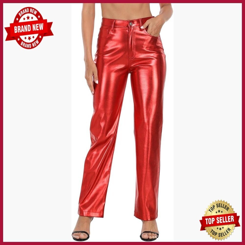 High Waisted Faux Leather Straight Leg Pants Metallic Shiny Trousers